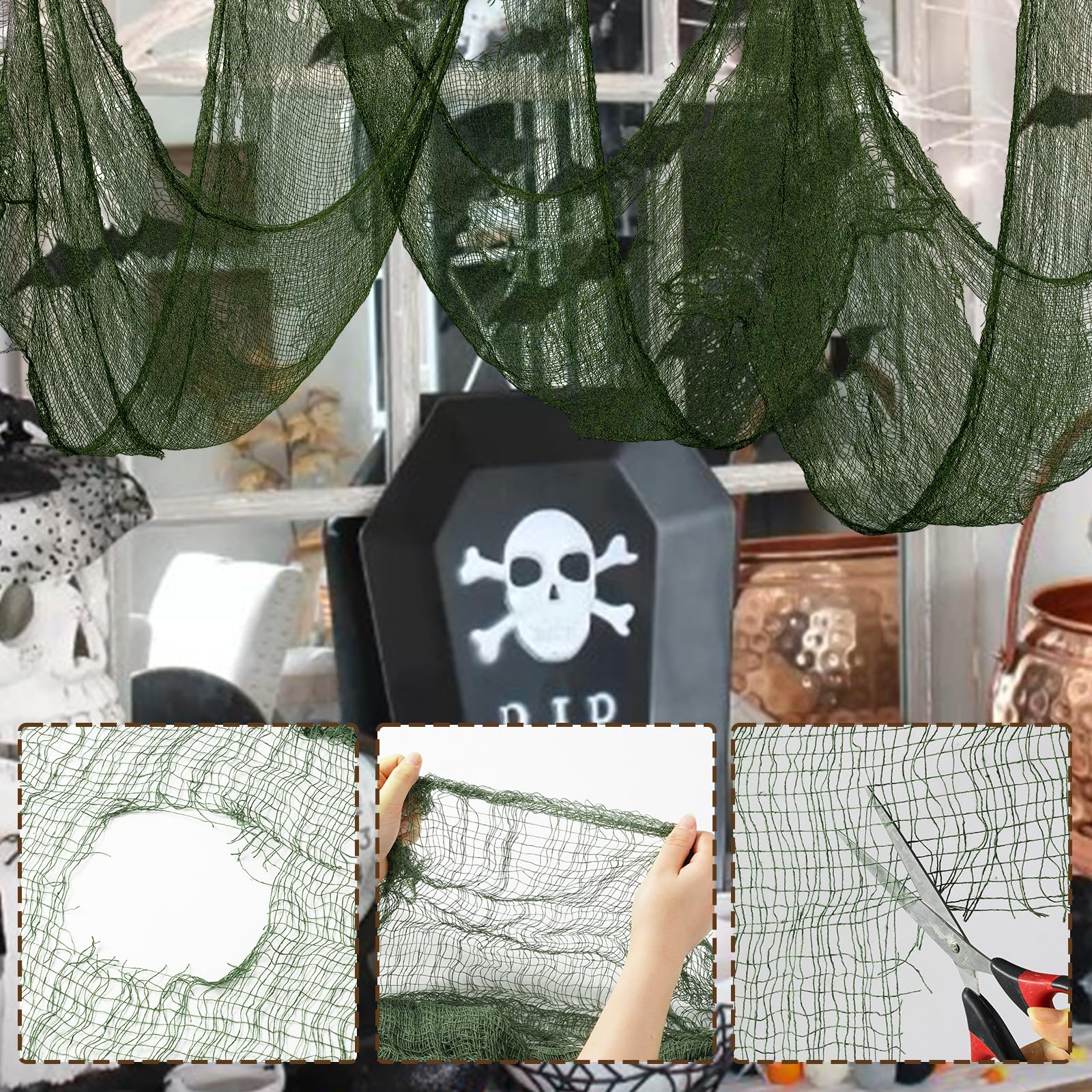 Outdoor Halloween display featuring green creepy cloth