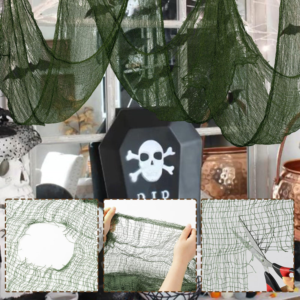 Outdoor Halloween display featuring green creepy cloth