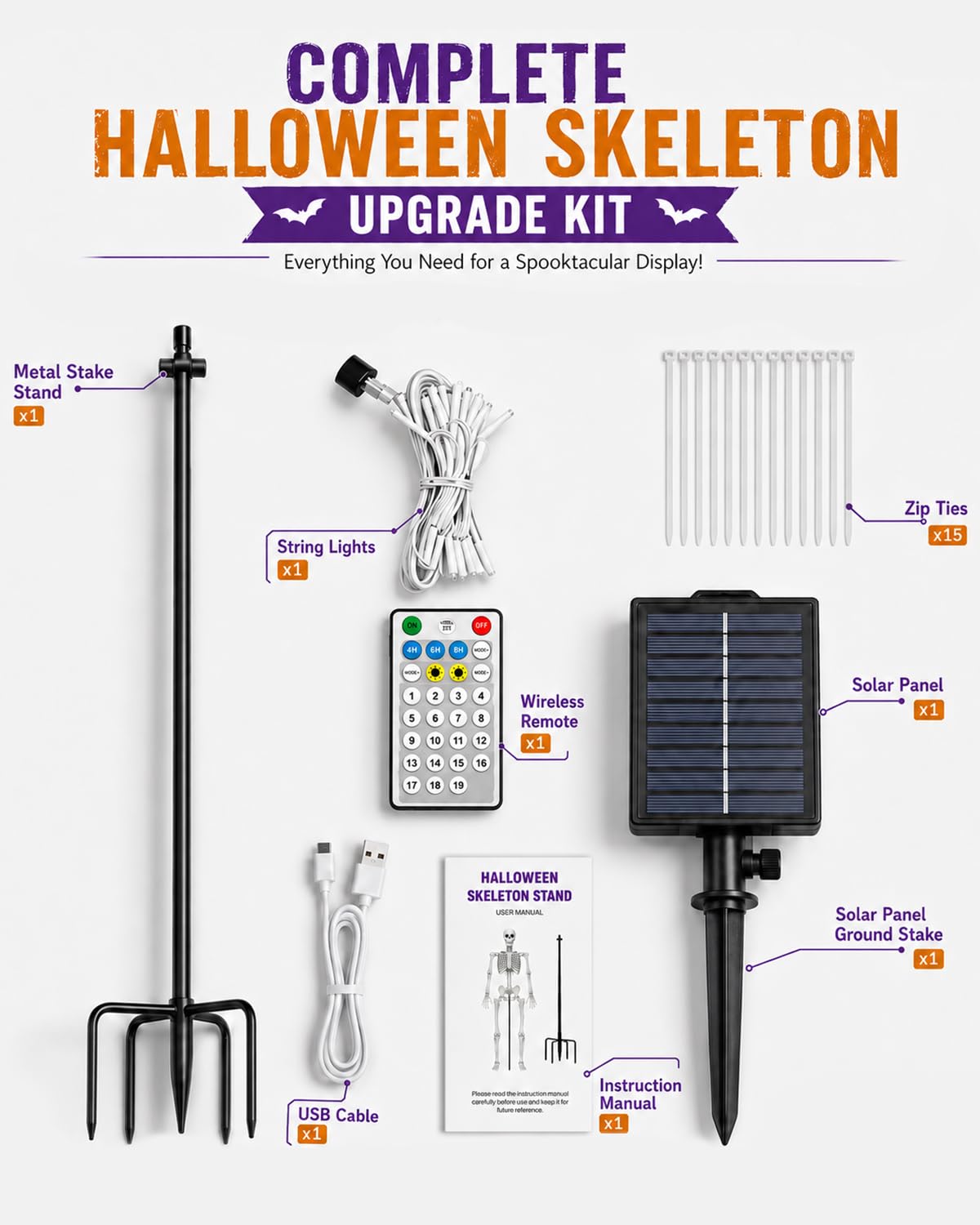 Outdoor Halloween display featuring the skeleton stand kit