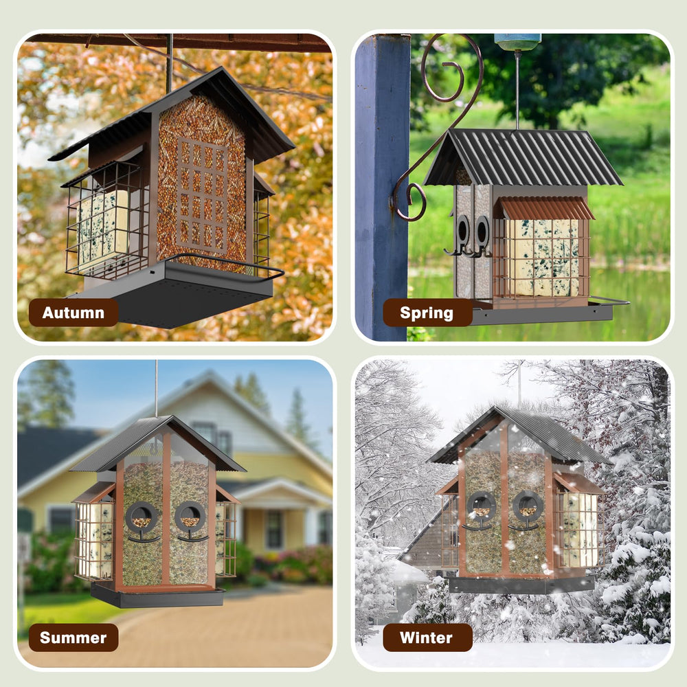 Outdoor scene with FlowaFoli Bird Feeder attracting birds