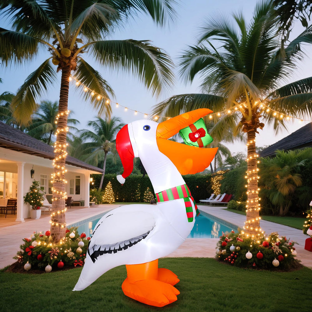 Outdoor setting featuring Shappy inflatable pelican decoration