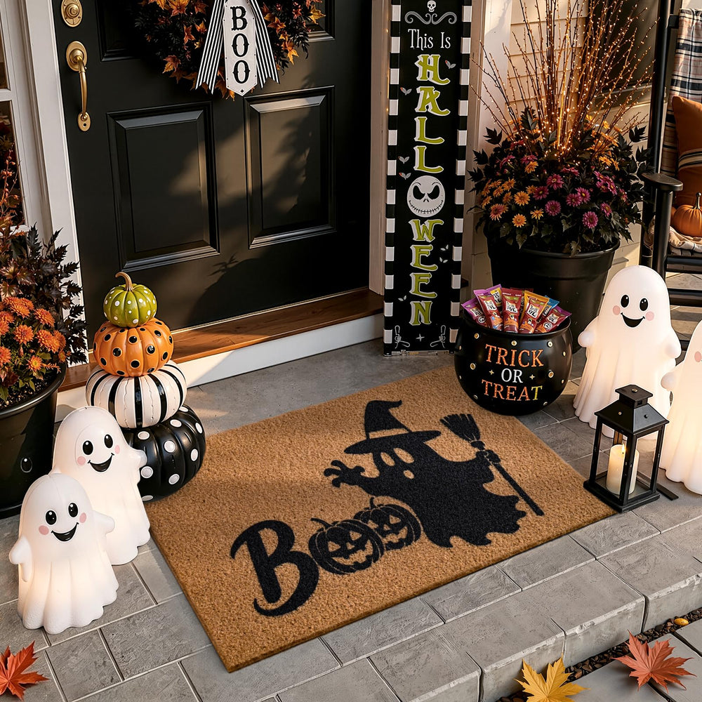 Outdoor setting of the Halloween mat with pumpkins