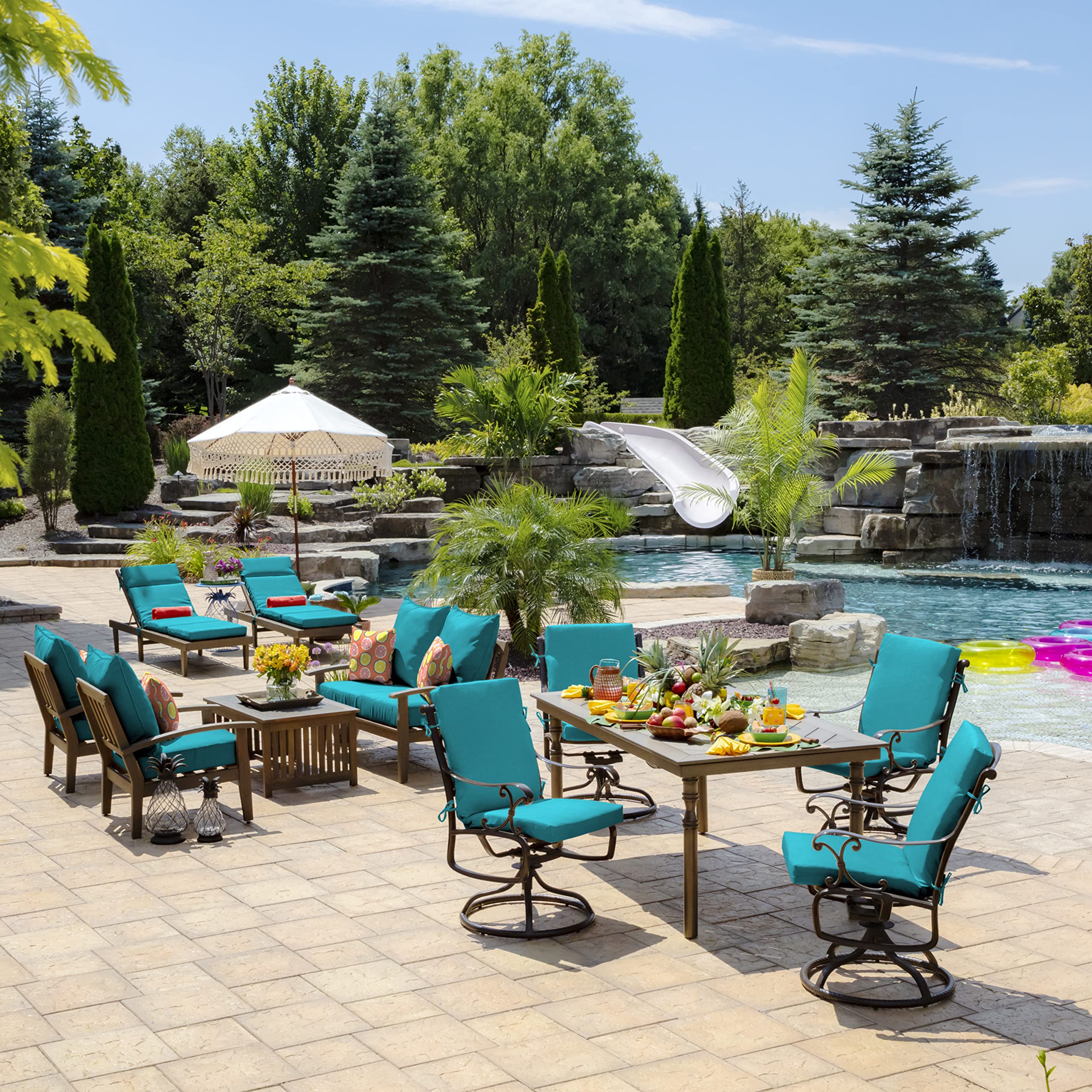 Outdoor setting with Arden Selections Lake Blue Cushions