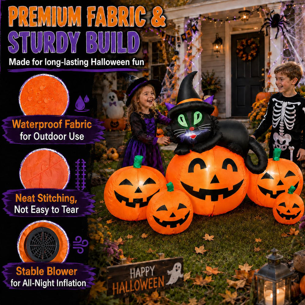 Outdoor setup of JoyParcel inflatable pumpkins and black cat decoration