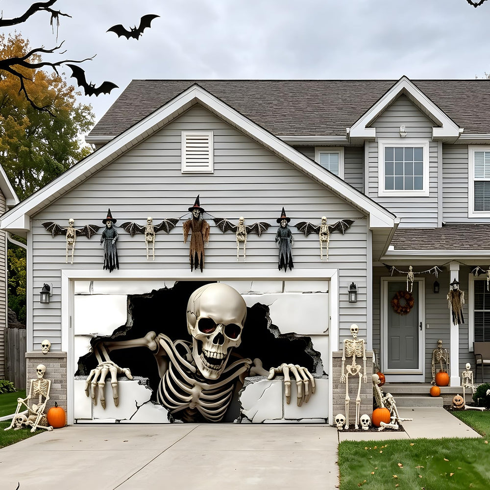 Outdoor setup of ponlodos Halloween garage door cover on a garage