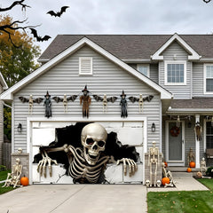 Outdoor setup of ponlodos Halloween garage door cover on a garage
