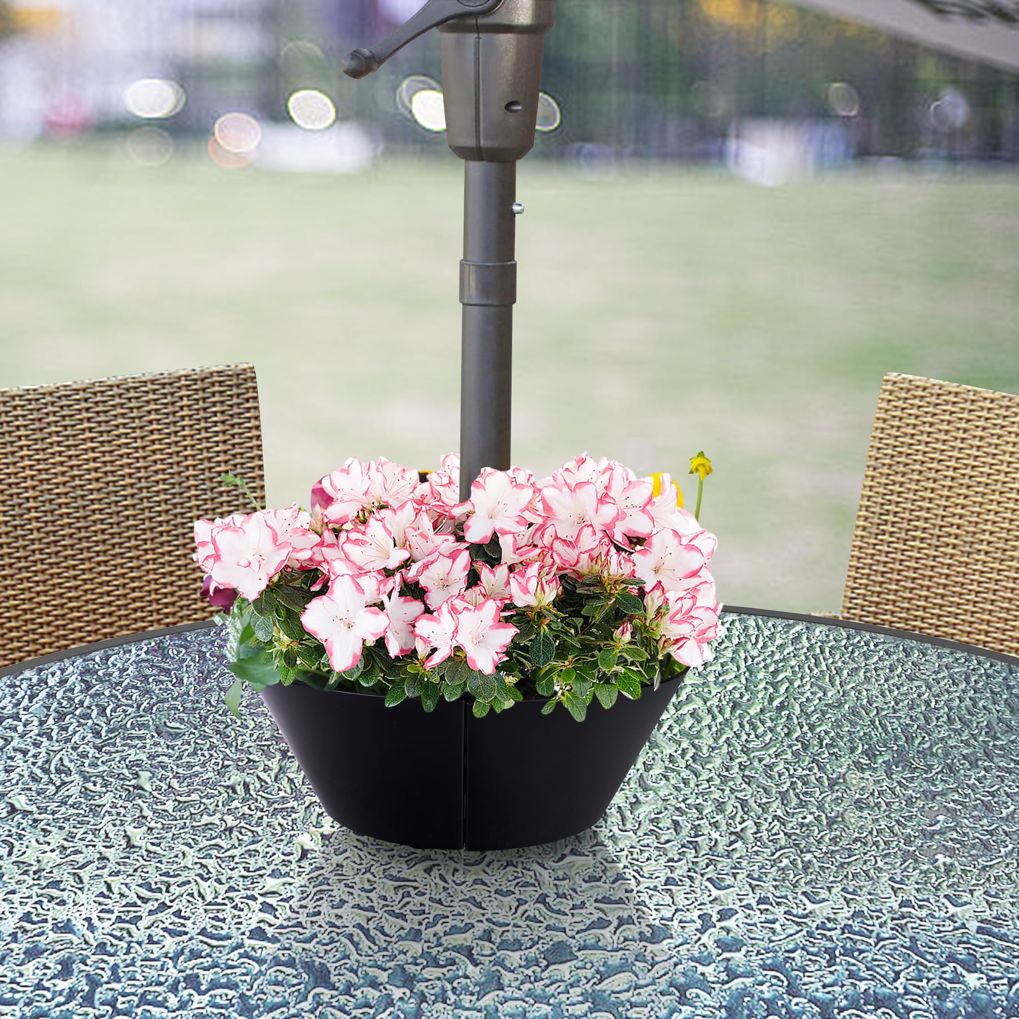 Outdoor view of EBaokuup Umbrella Planters with flowers