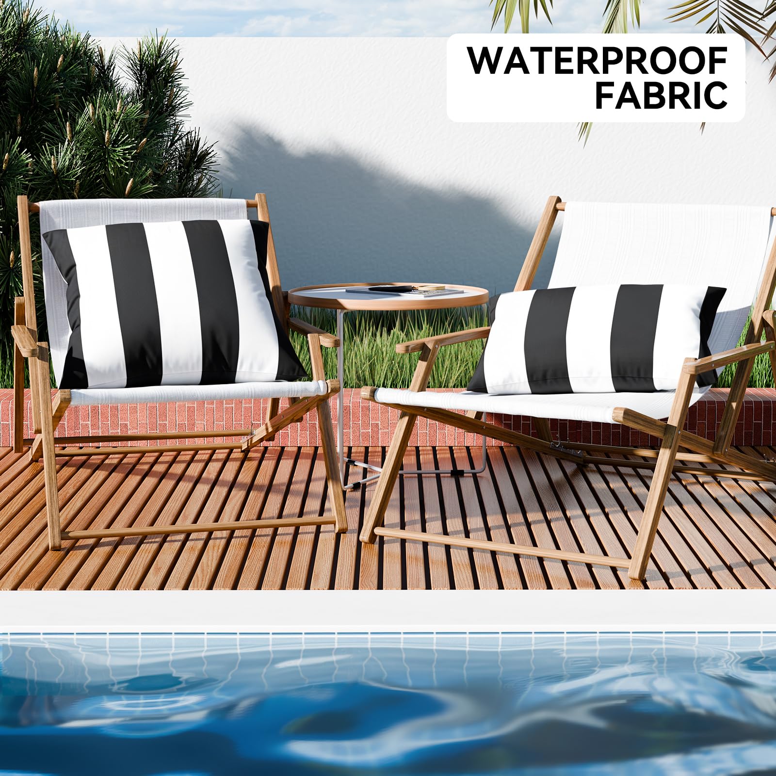 Outdoor Waterproof Striped Pillow Cover on a patio chair