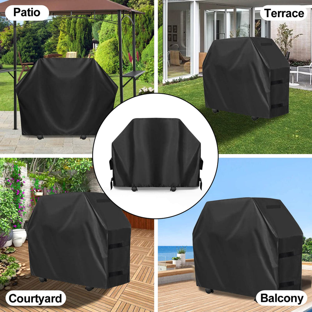 OutdoorLines BBQ Grill Cover against rain backdrop
