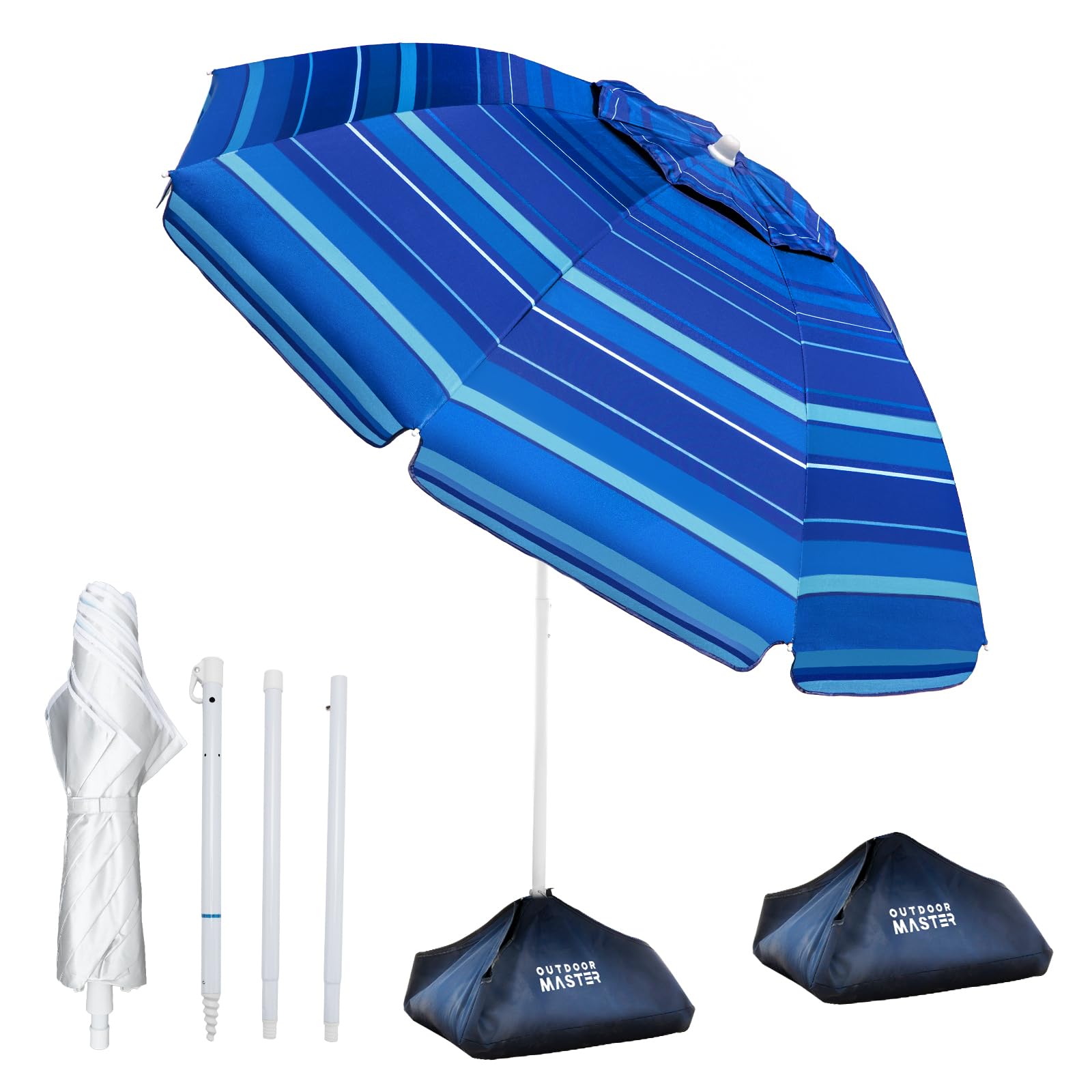 OutdoorMaster 7.2ft beach umbrella dark blue striped front view