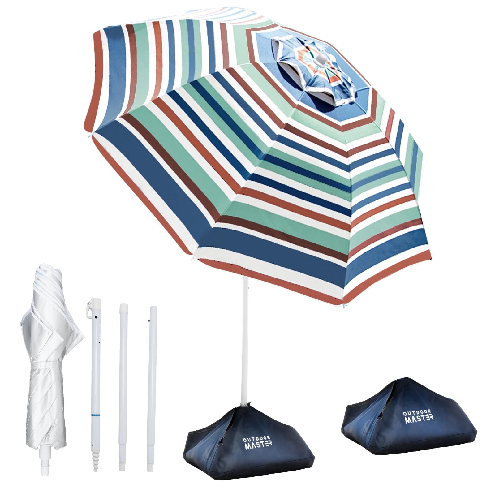 OutdoorMaster 7.2ft beach umbrella side view with blue red stripes
