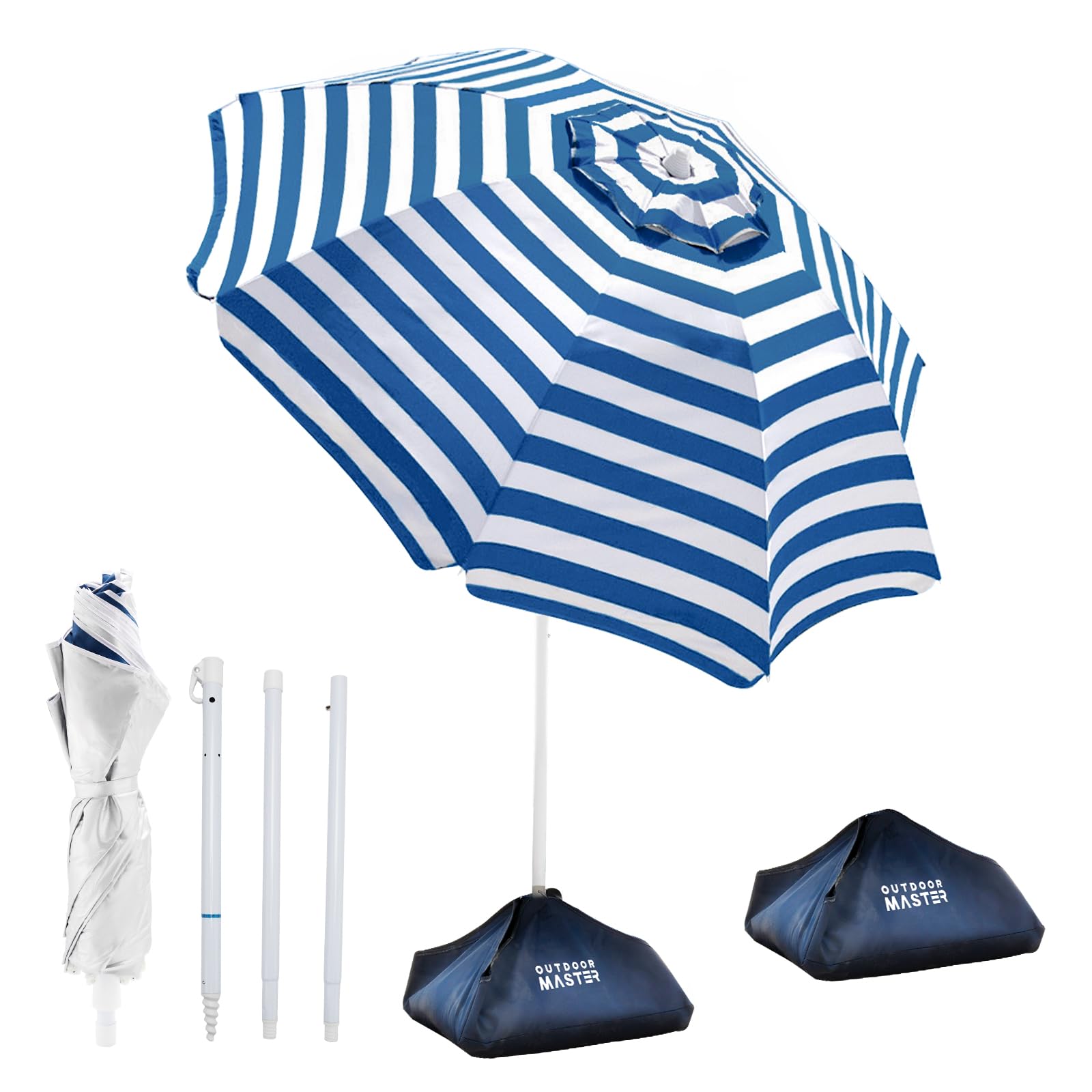 OutdoorMaster 7.2ft Foldable Beach Umbrella A-Gray Striped front view