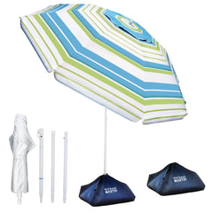 OutdoorMaster 7.2ft Foldable Beach Umbrella front view with blue green stripes
