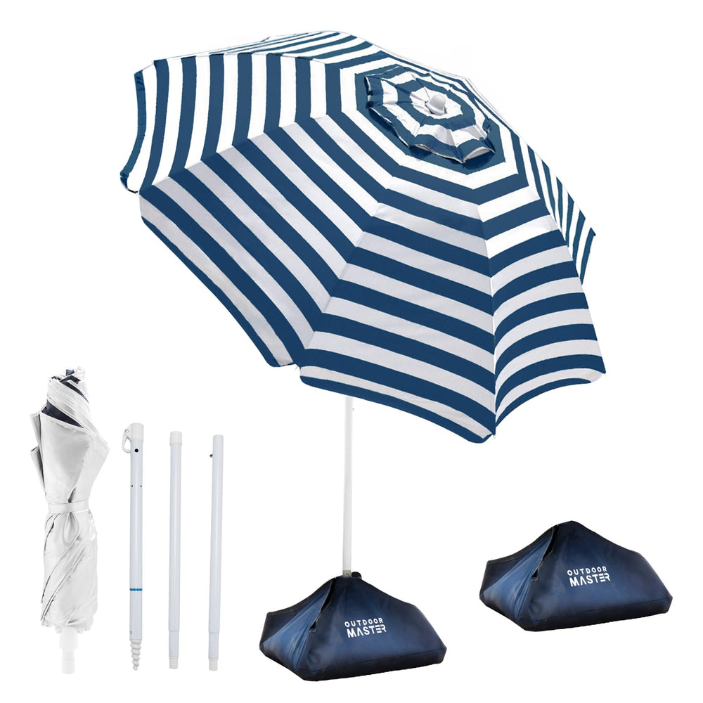 OutdoorMaster 7.2ft Foldable Beach Umbrella front view with navy striped canopy