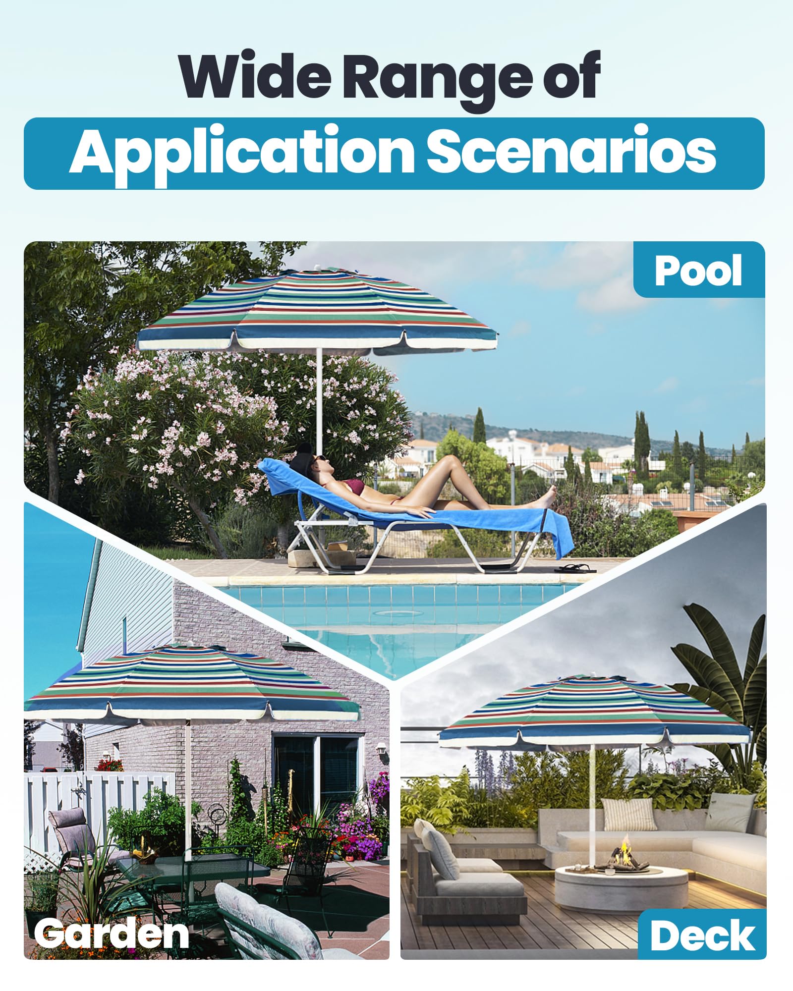 OutdoorMaster beach umbrella at the poolside with sunbathers