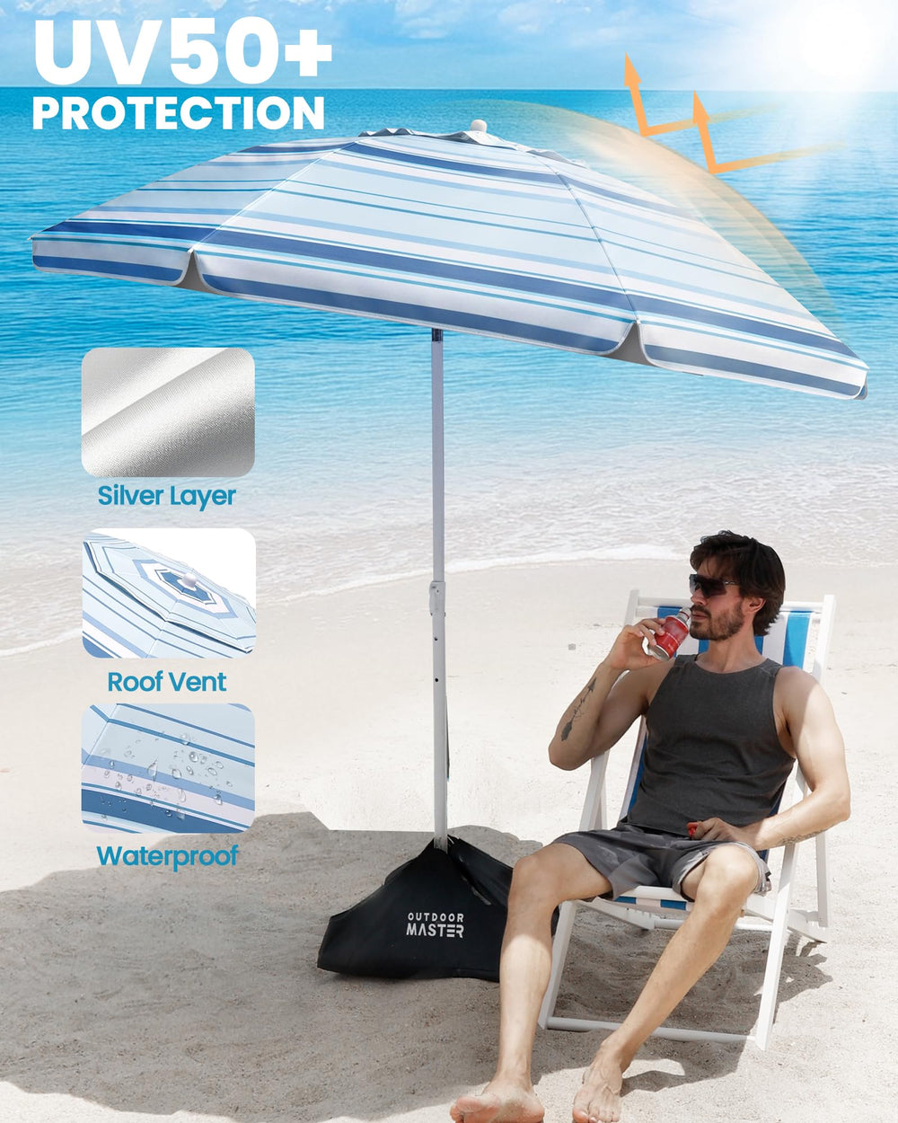 OutdoorMaster Beach Umbrella dual-fold design close-up
