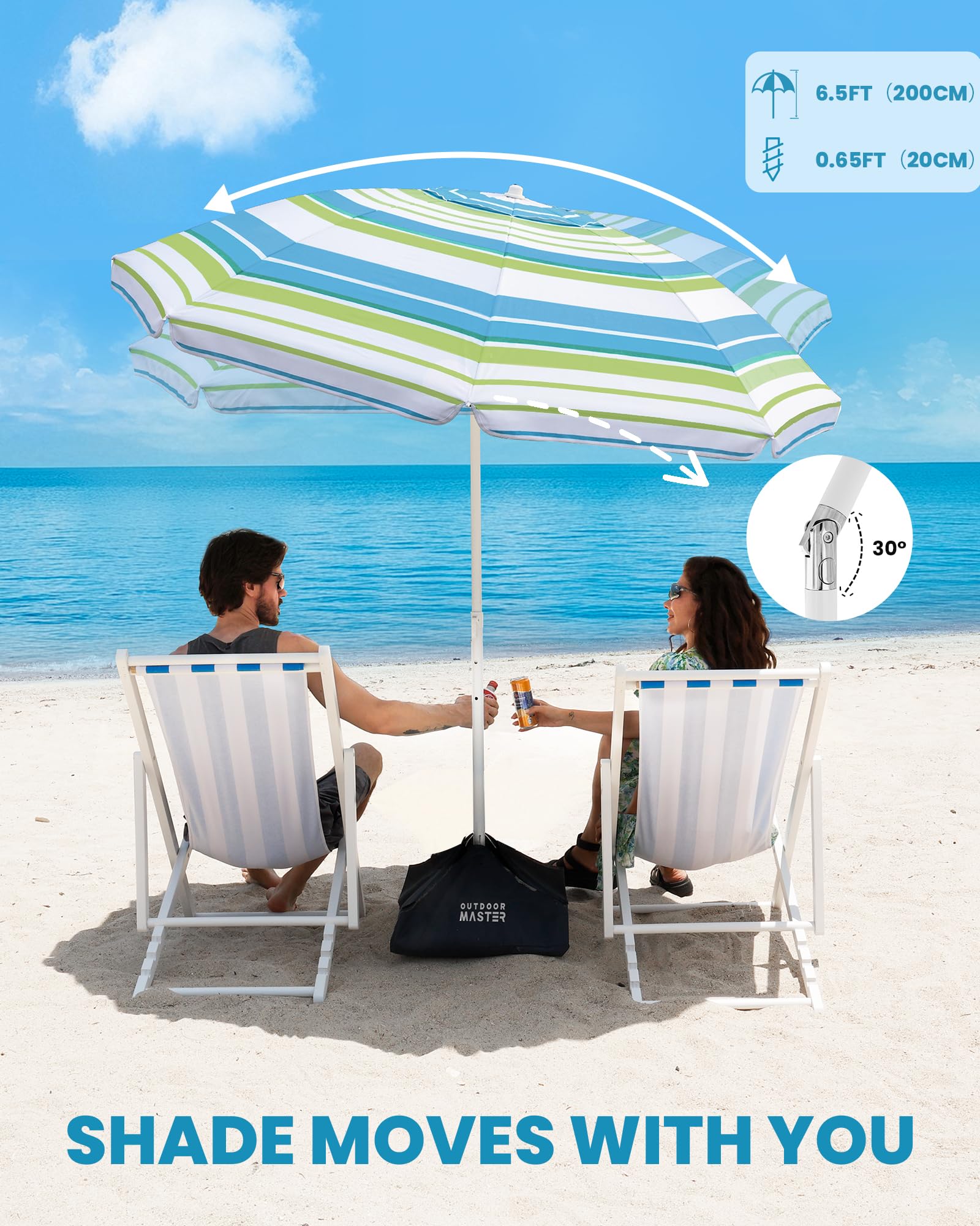 OutdoorMaster beach umbrella in use at the beach with people