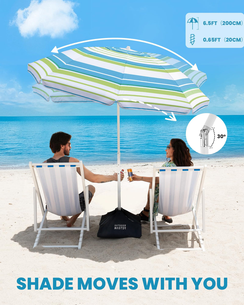 OutdoorMaster beach umbrella in use at the beach with people