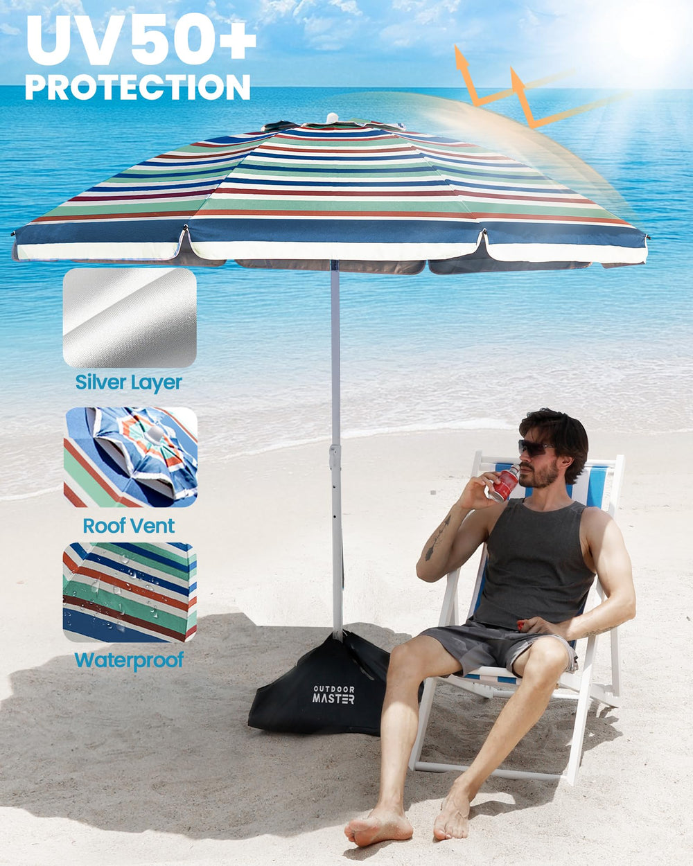 OutdoorMaster beach umbrella open on the sand