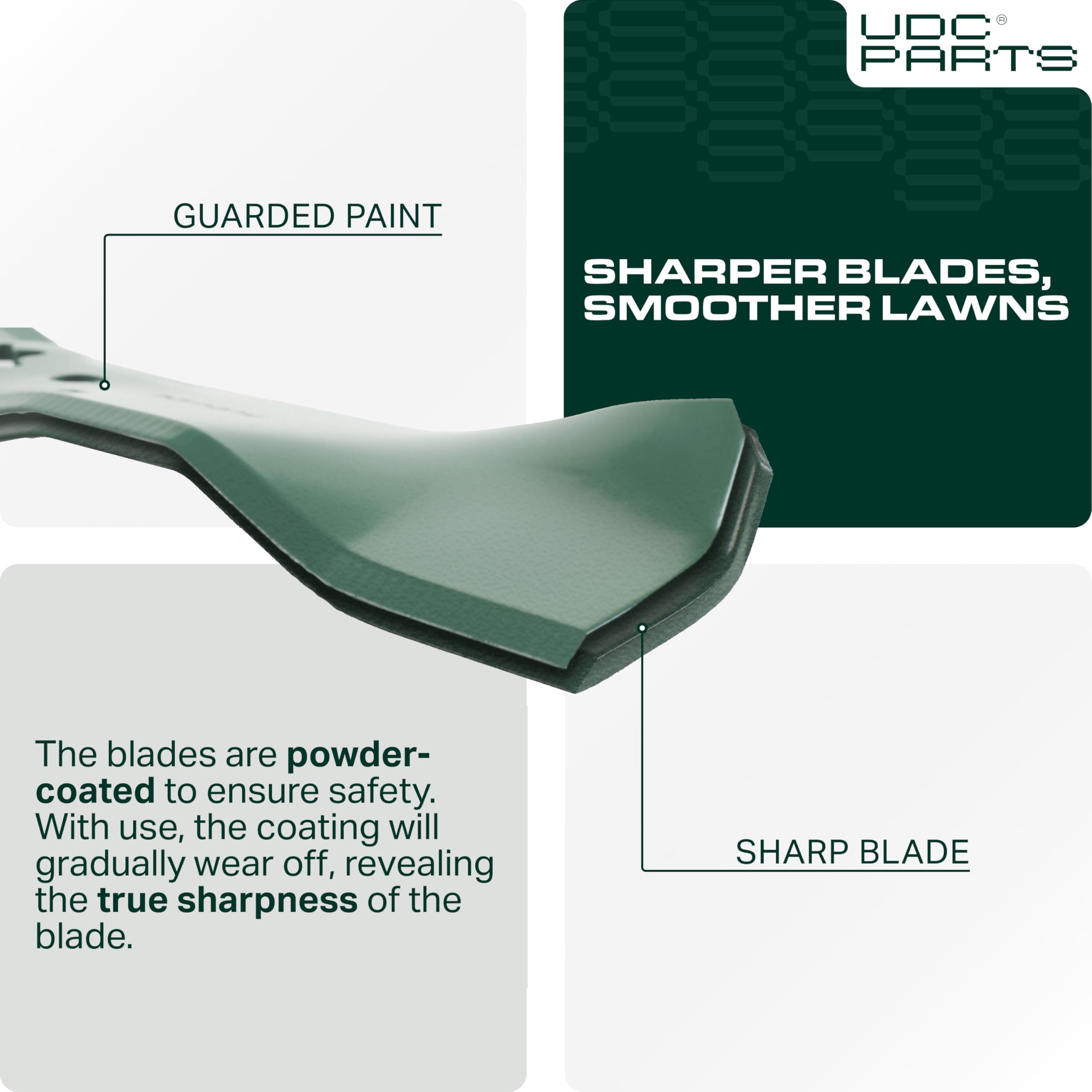 Outer blade length of UDC Parts mulching blades 16-1/4 inches