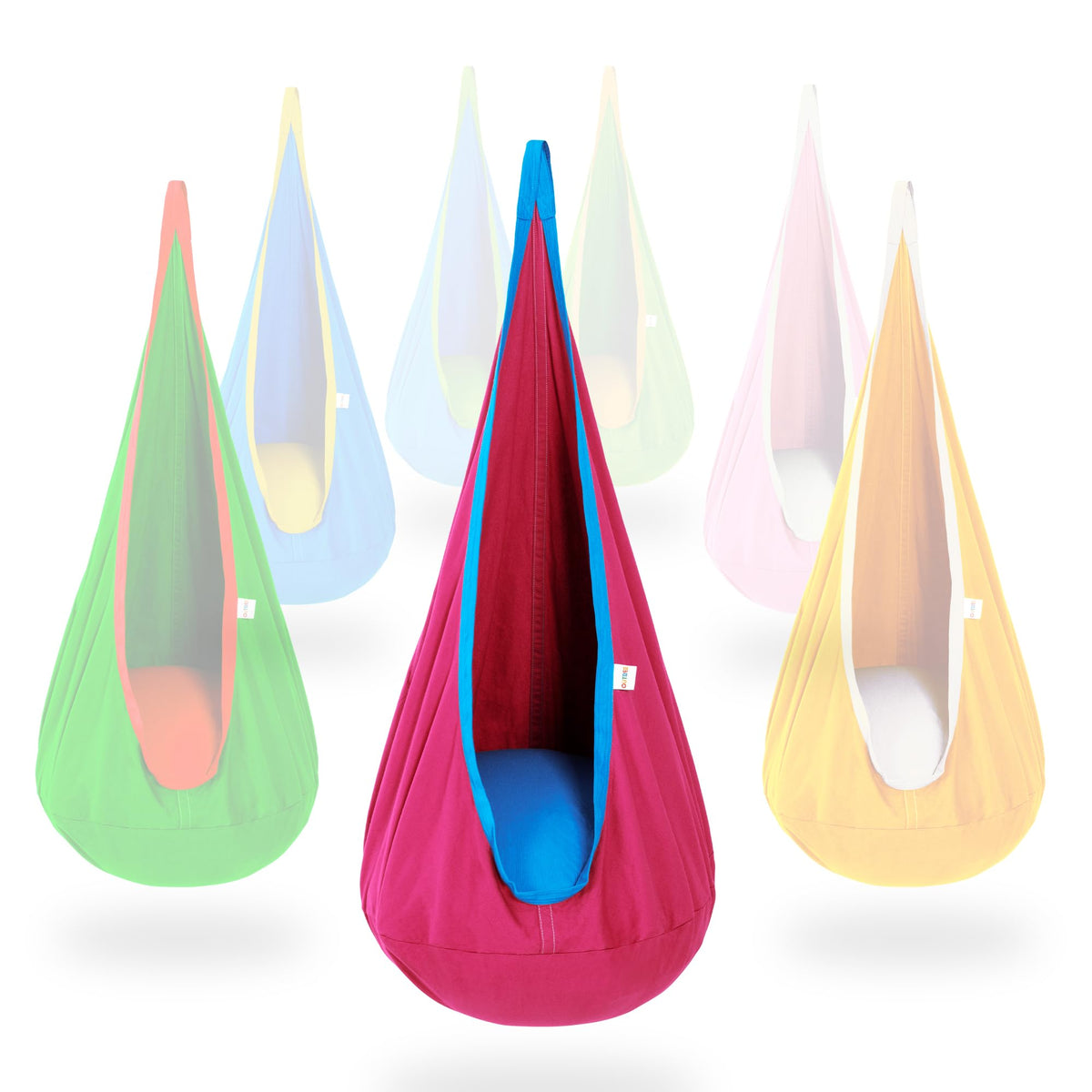 OUTREE Kids Pod Swing Seat front view in pink and blue