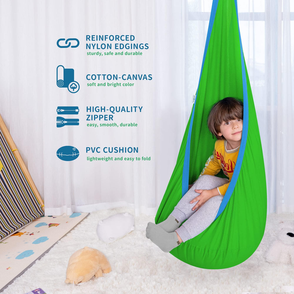 OUTREE Kids Pod Swing Seat in a colourful child's room