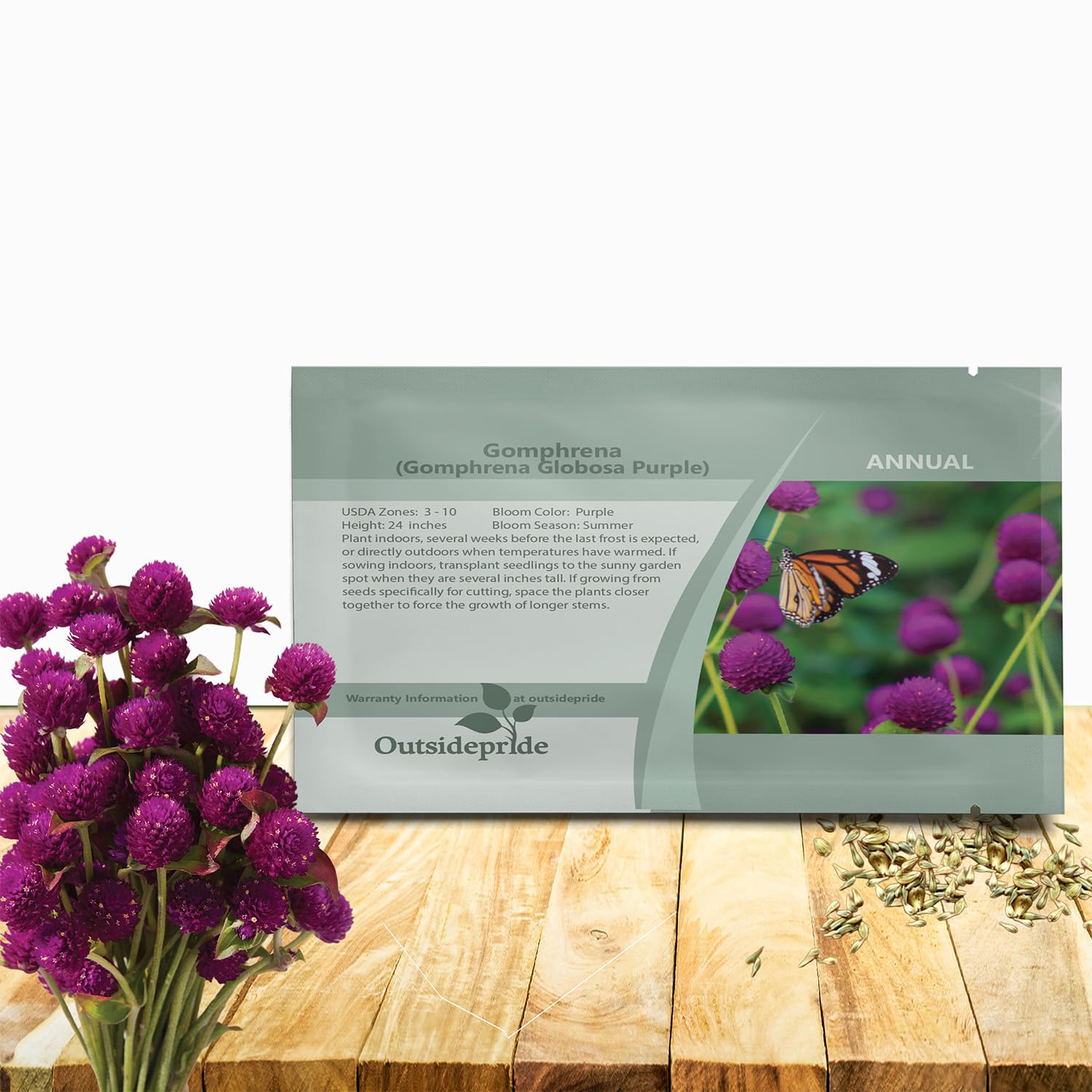 Outsidepride Purple Gomphrena Seeds package front view, 1000 seeds
