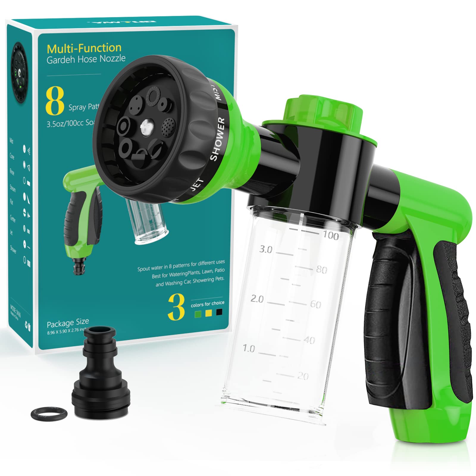 OUTWAY Garden Hose Nozzle front view with 8 spray patterns