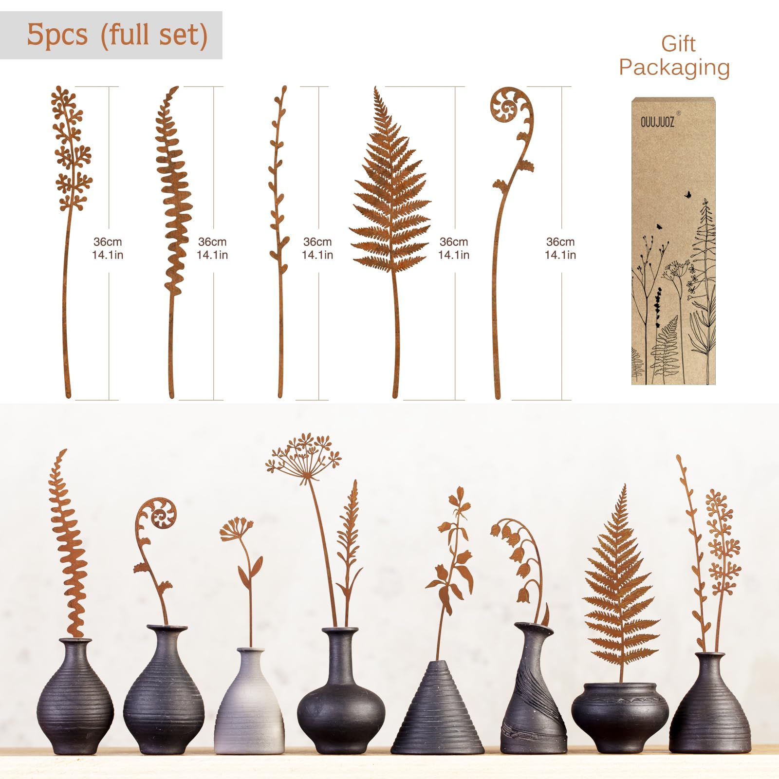 OUUJUOZ Metal Flower Garden Stakes set of 5 packaging