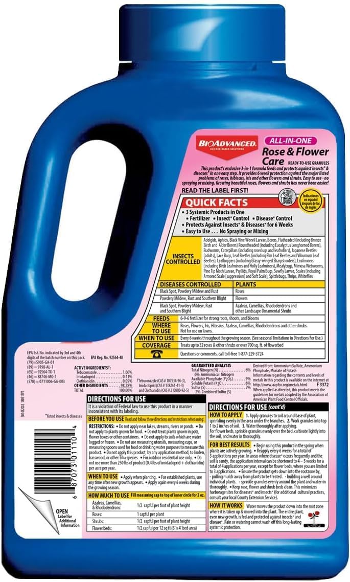 Overview of BioAdvanced All-In-One Rose & Flower Care Granules in garden setting