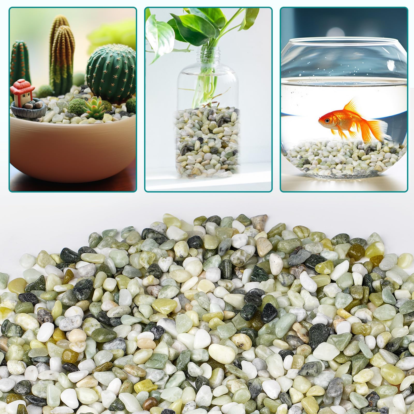 Overview of jade pebbles in an outdoor landscape