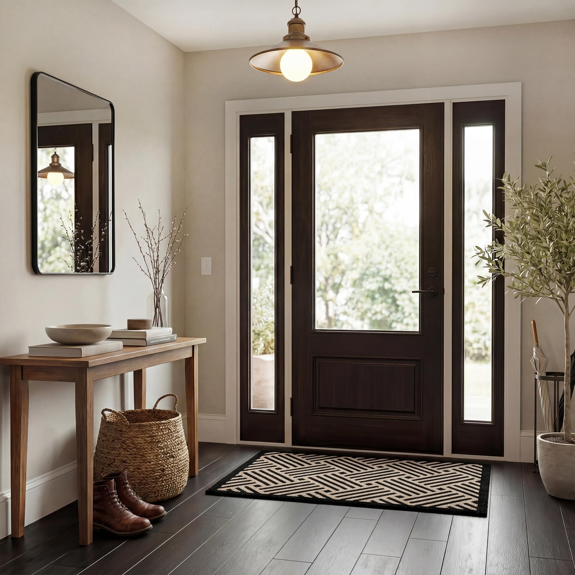 Overview of the beige black-wave design of the doormat