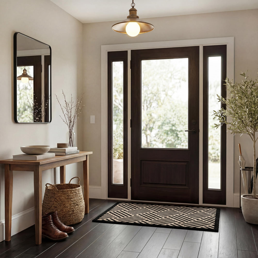 Overview of the beige black-wave design of the doormat