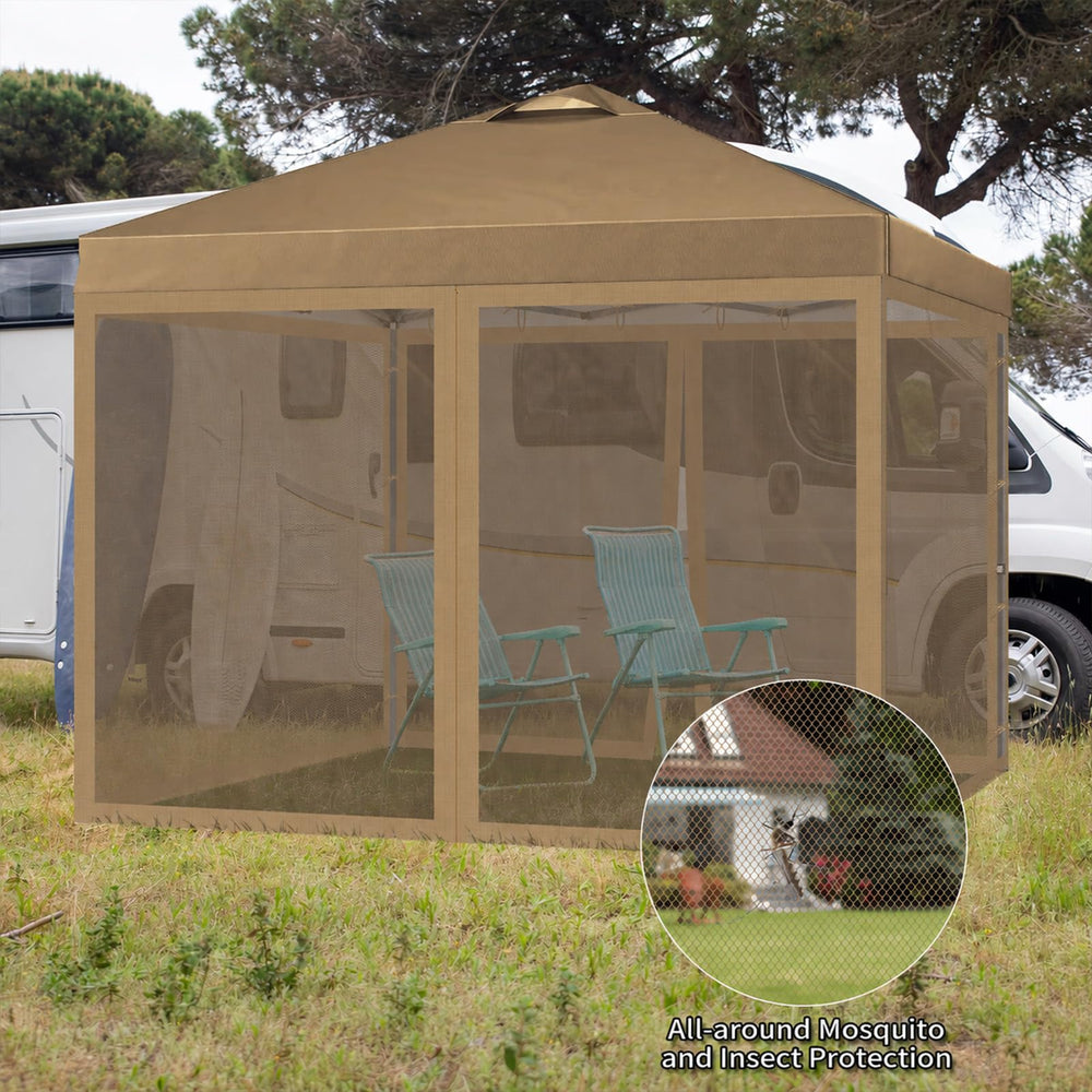 Overview of the khaki mosquito netting on a gazebo