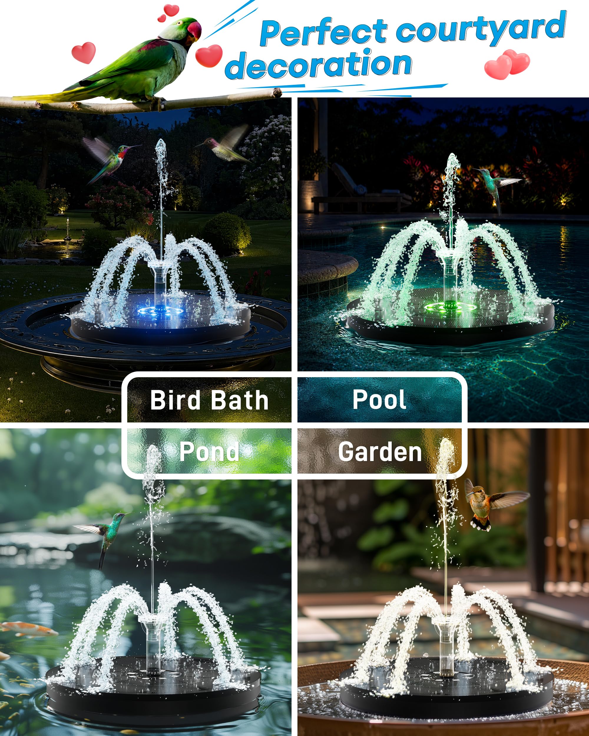 OVIBIRD solar fountain showcasing its 3.5W glass solar panel