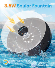 OVIBIRD solar fountain showing 7 RGB LED lights at night