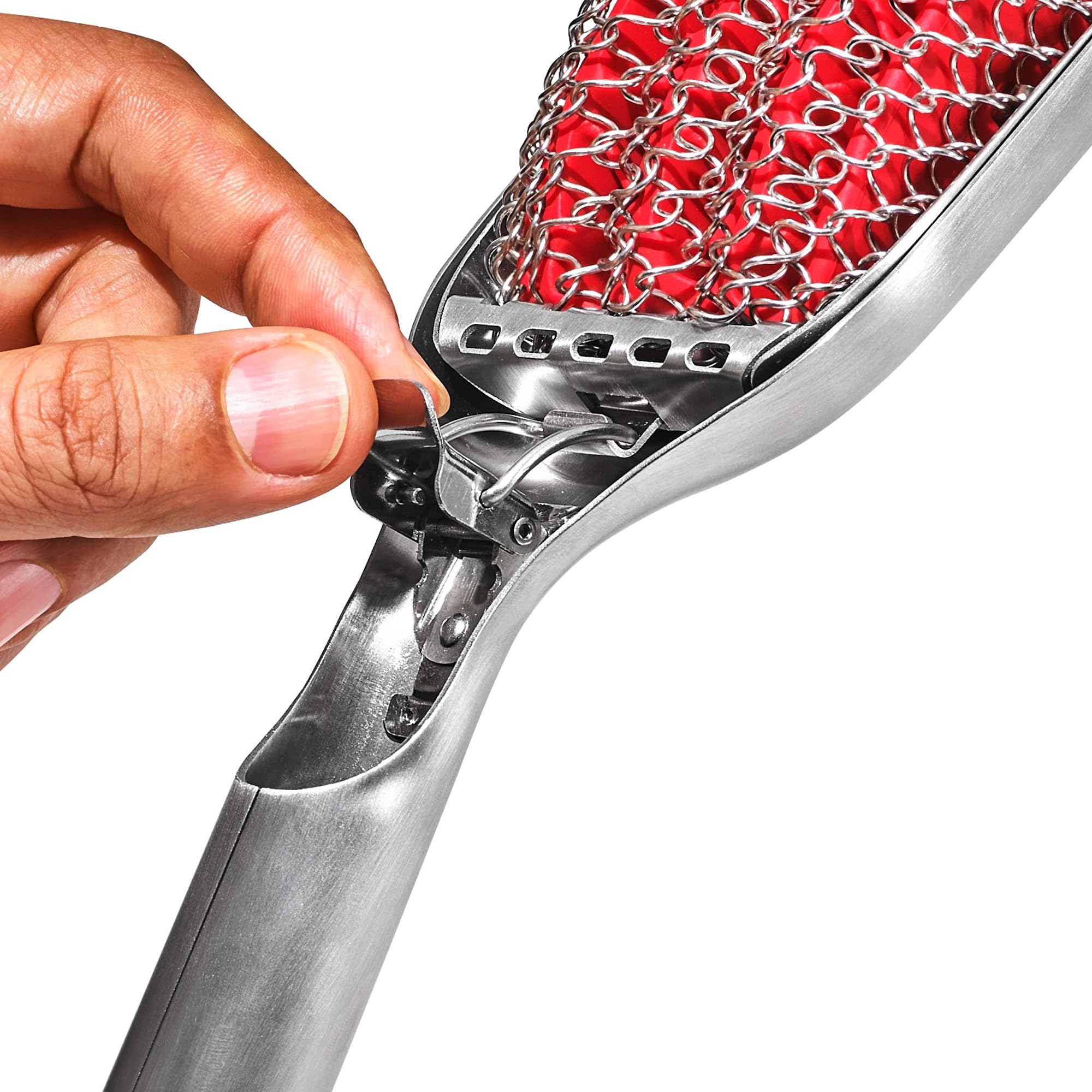 OXO grill brush with removable head displayed on a grill