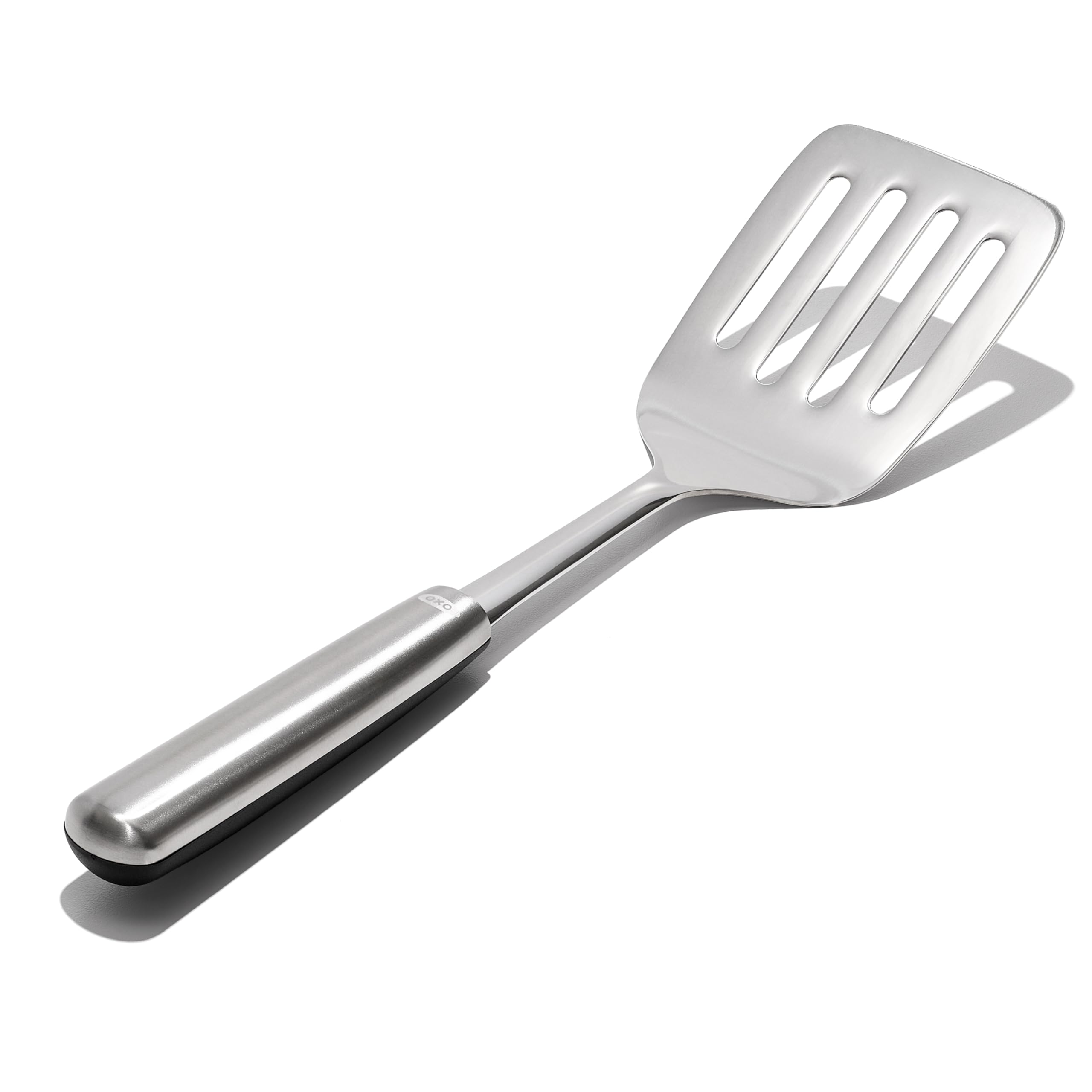 OXO Steel Cooking Turner showing non-slip grip handle