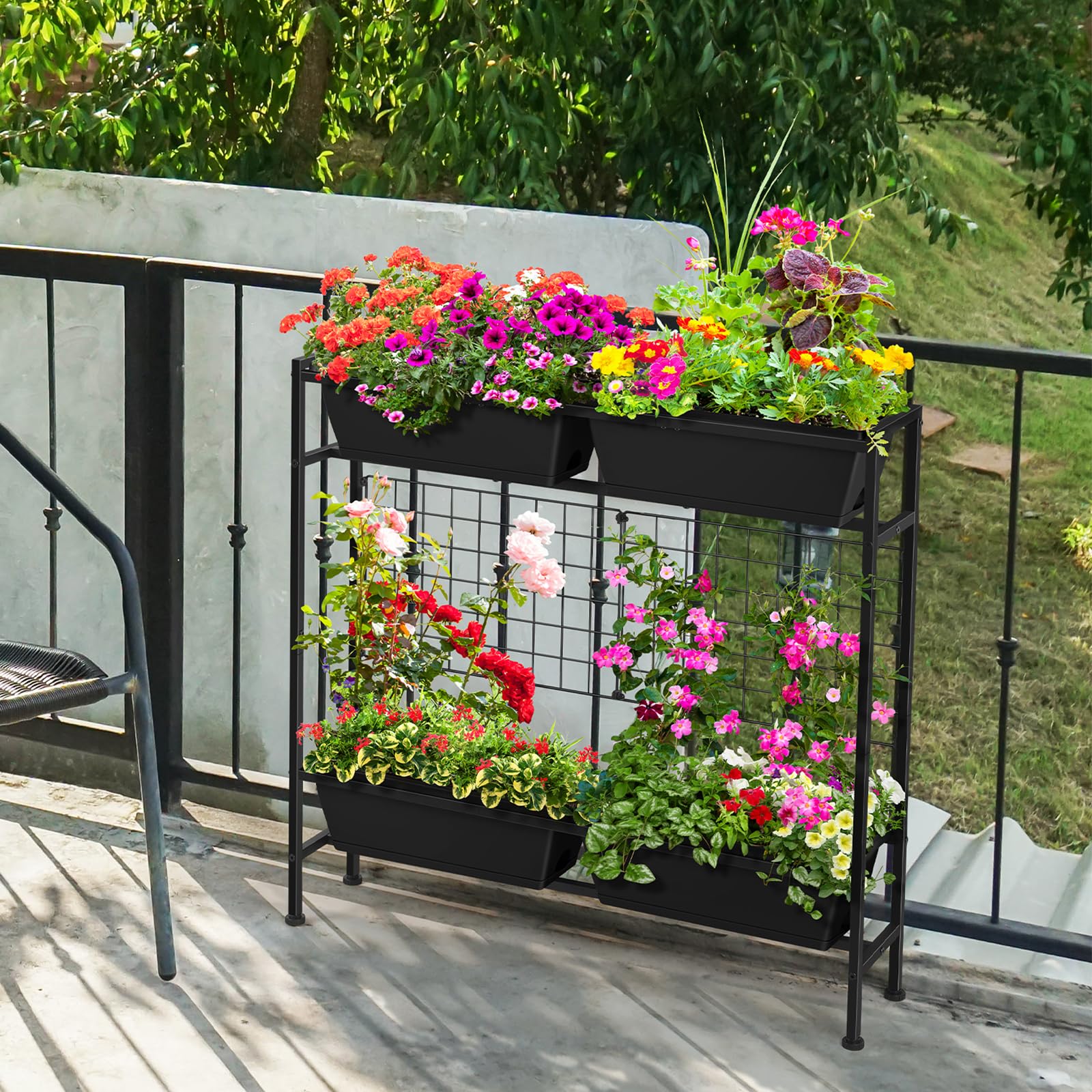 OYEAL planter box on a patio with flowers