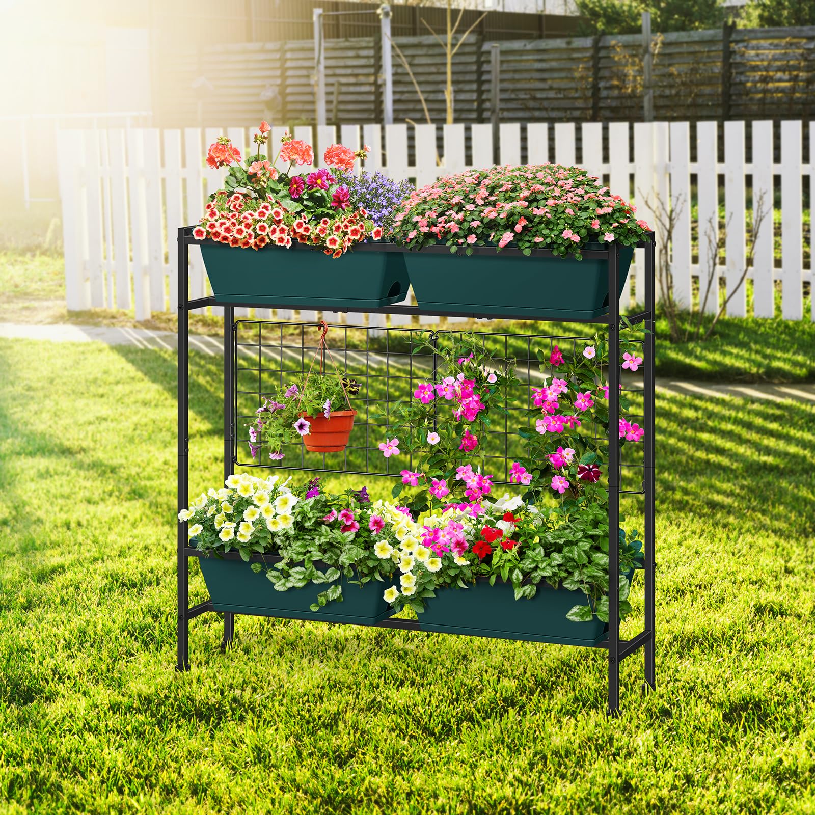 OYEAL Raised Garden Bed dimensions displayed on outdoor balcony
