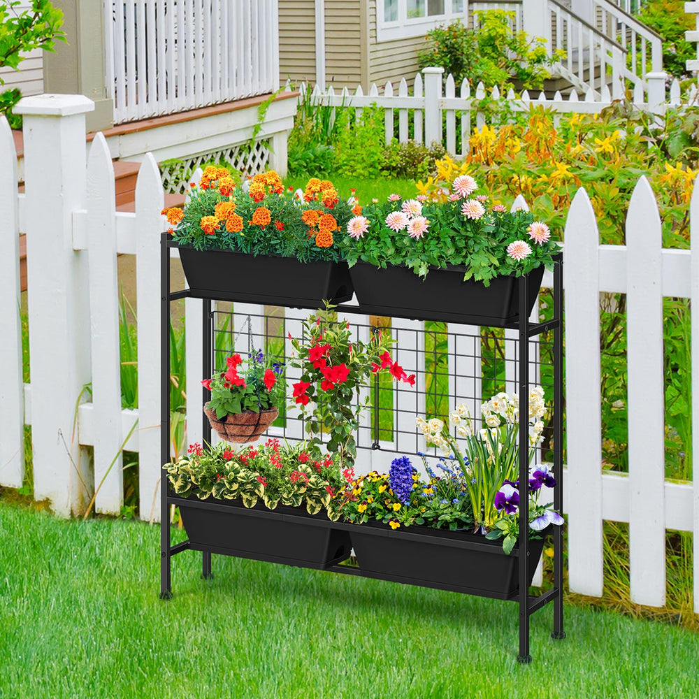 OYEAL raised planter with tomatoes climbing the trellis