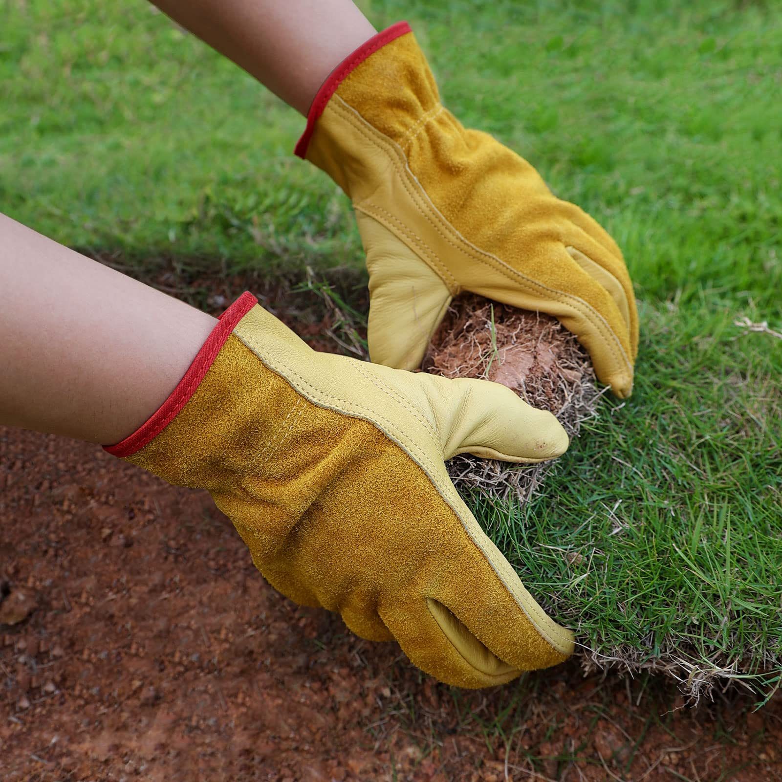 OZERO Leather Gloves in use during yard work