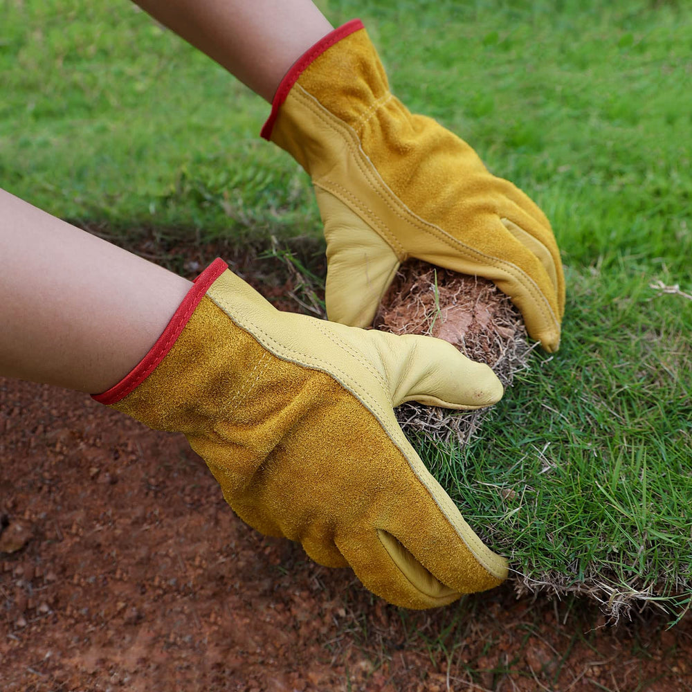 OZERO Leather Gloves in use during yard work