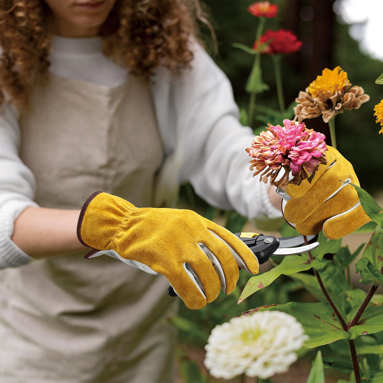 OZERO Leather Work & Gardening Gloves in action during yard work