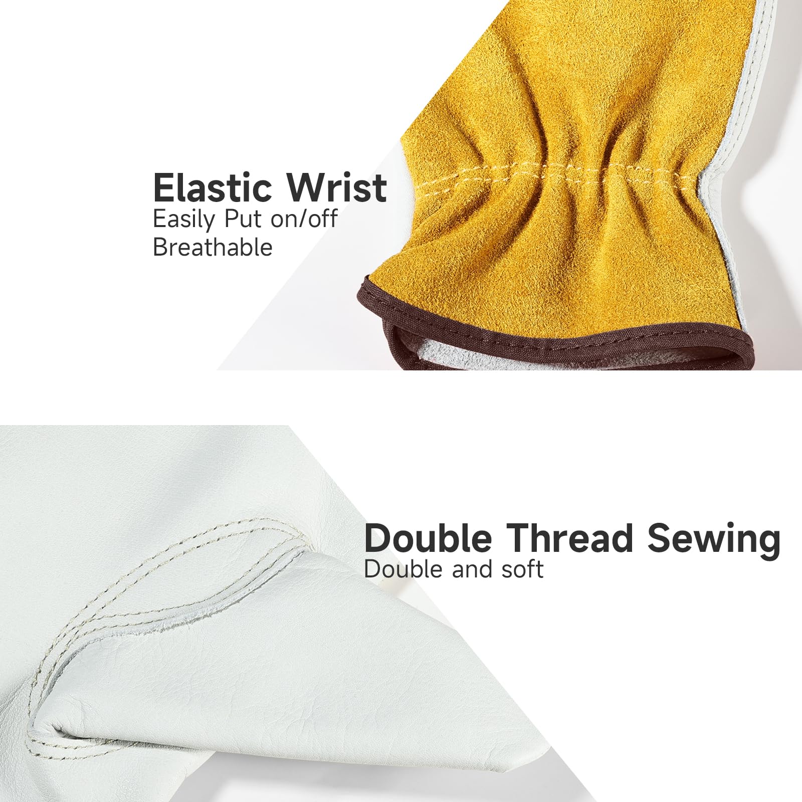 OZERO Leather Work & Gardening Gloves showing elastic wrist for snug fit