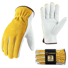 OZERO Leather Work Gloves in Gold and Light Cyan, front view