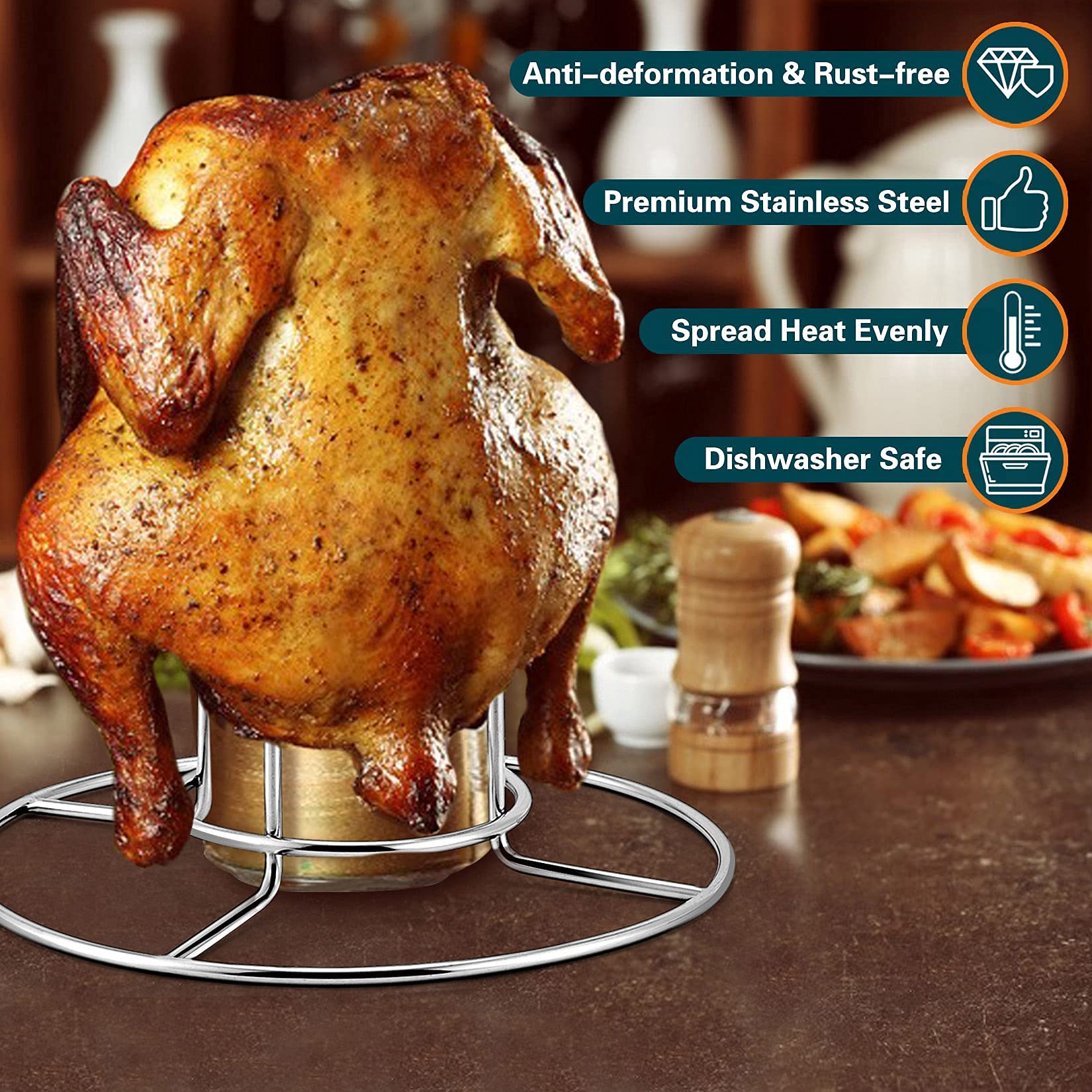 P&P CHEF beer can chicken holder on a grill with chicken cooking