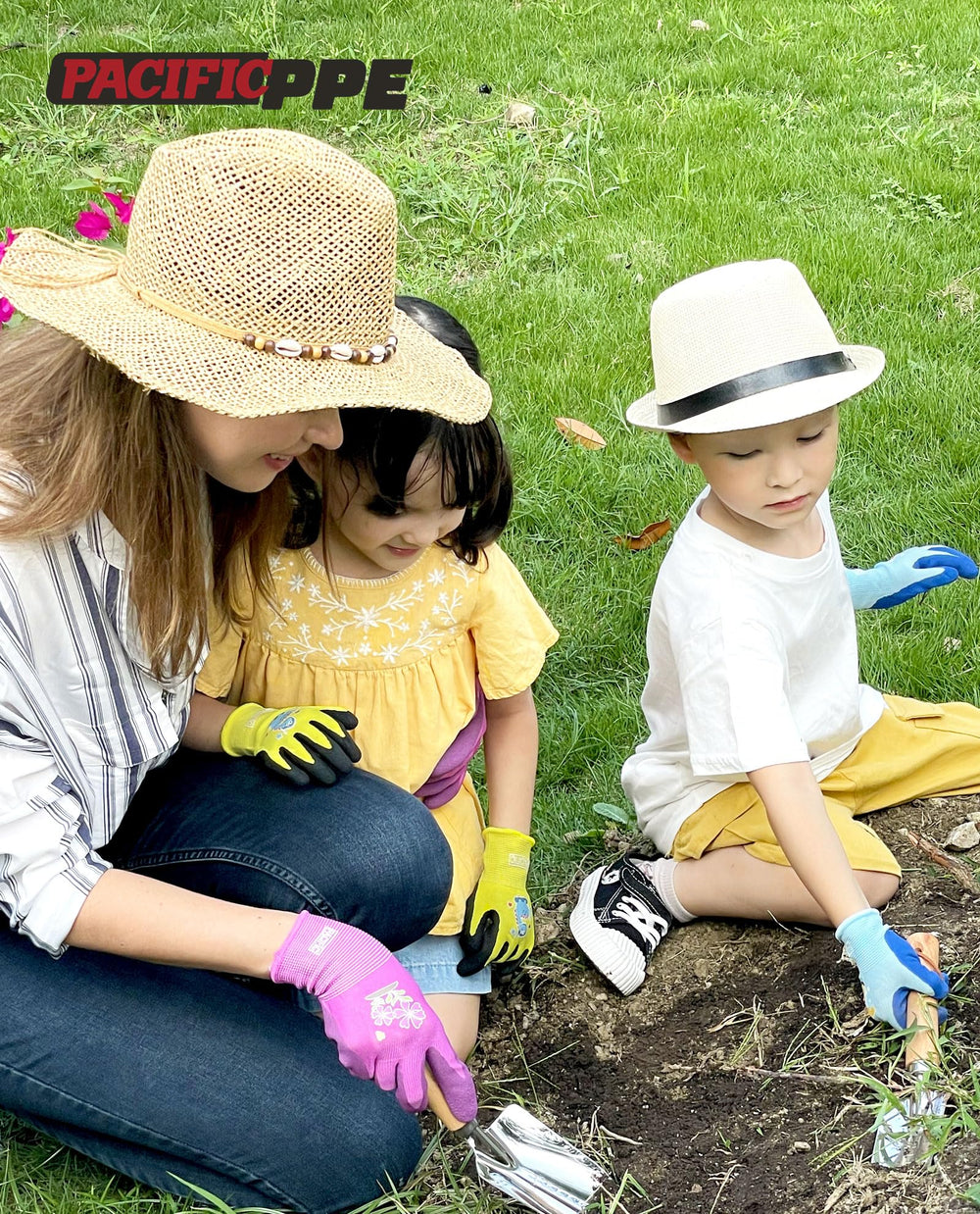 PACIFIC PPE Kids Gardening Gloves displayed with gardening tools