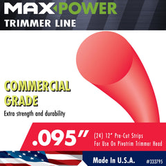 Pack of 24 Maxpower trimmer line strips with dimensions