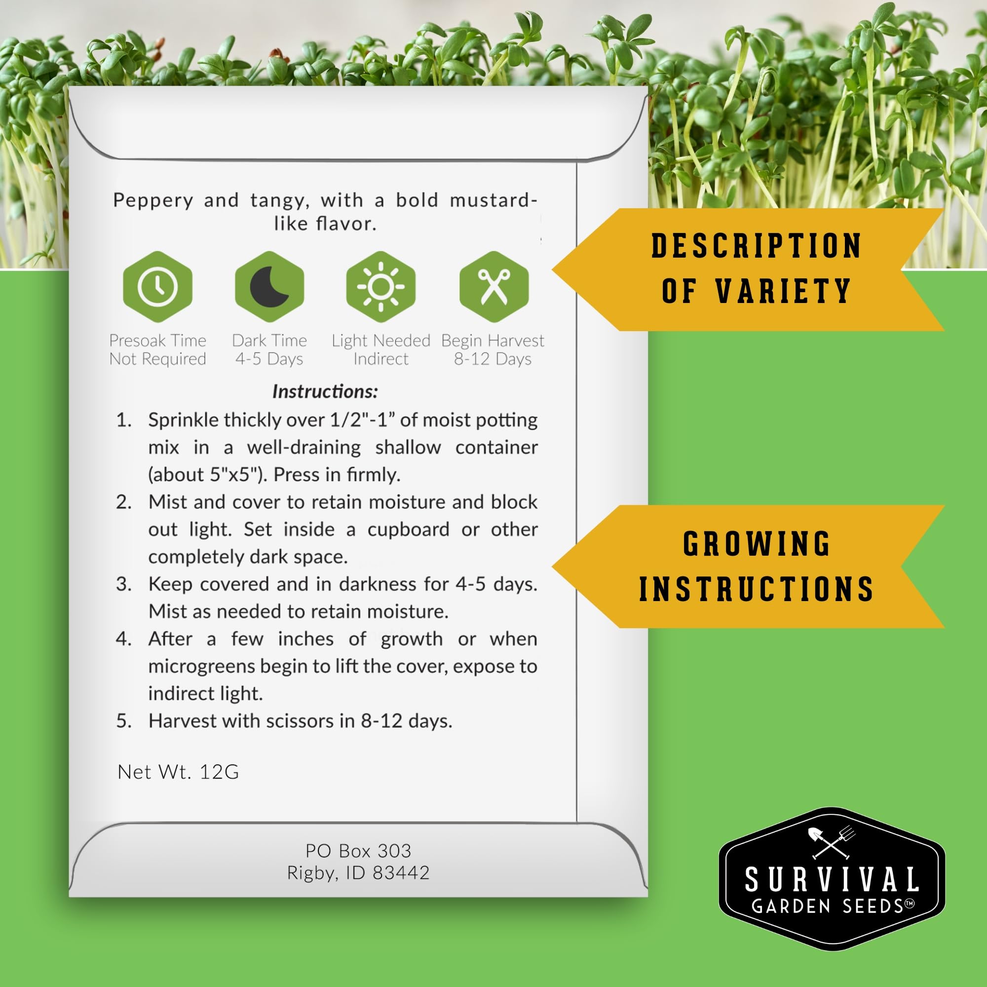 Pack of 5 heirloom microgreen seeds with instructions